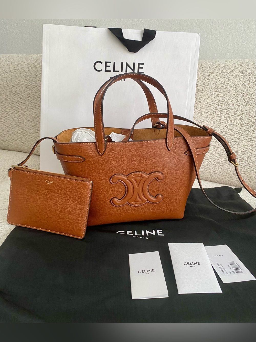 Celine Mini Cabas Anais Triomphe Tan Leather Crossbody Tote Bag & Pouch NWT